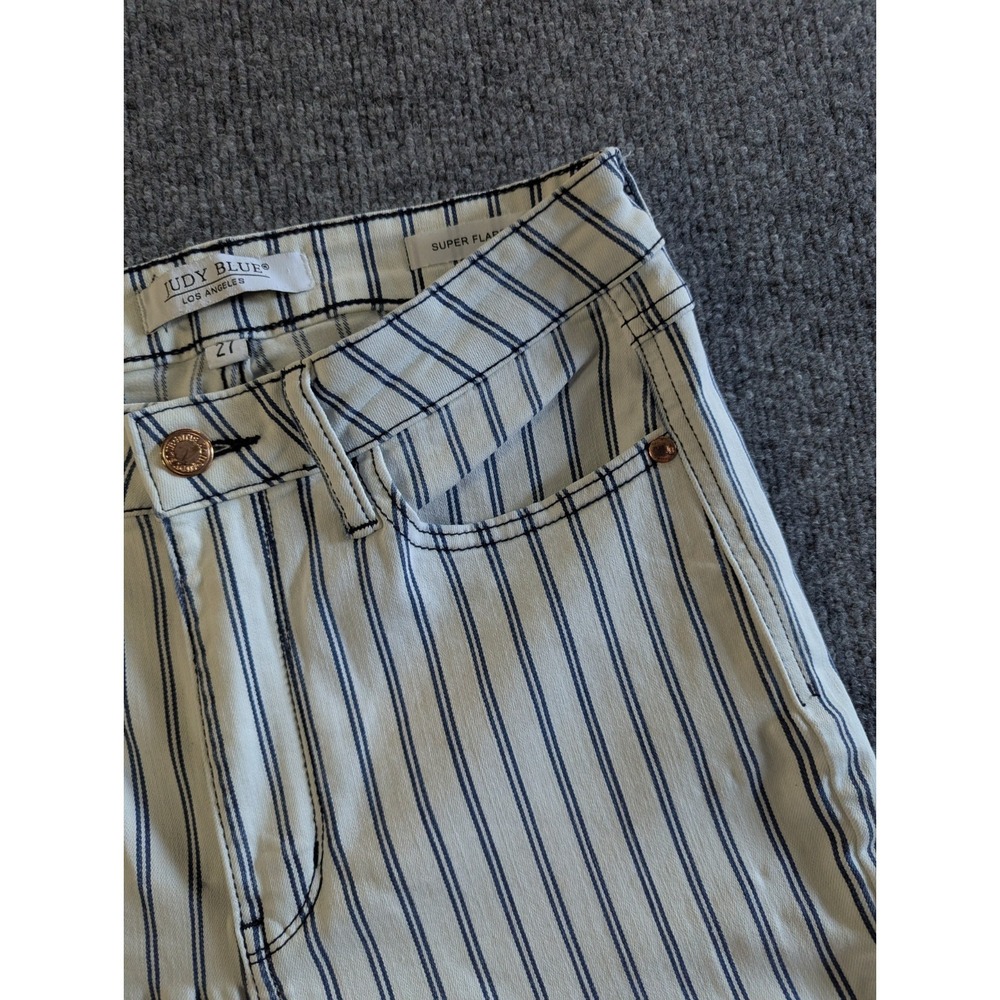 Judy Blue Super Flare High Rise Jeans Women's Size 27 White Blue Stripe Raw Hem - Picture 5 of 14